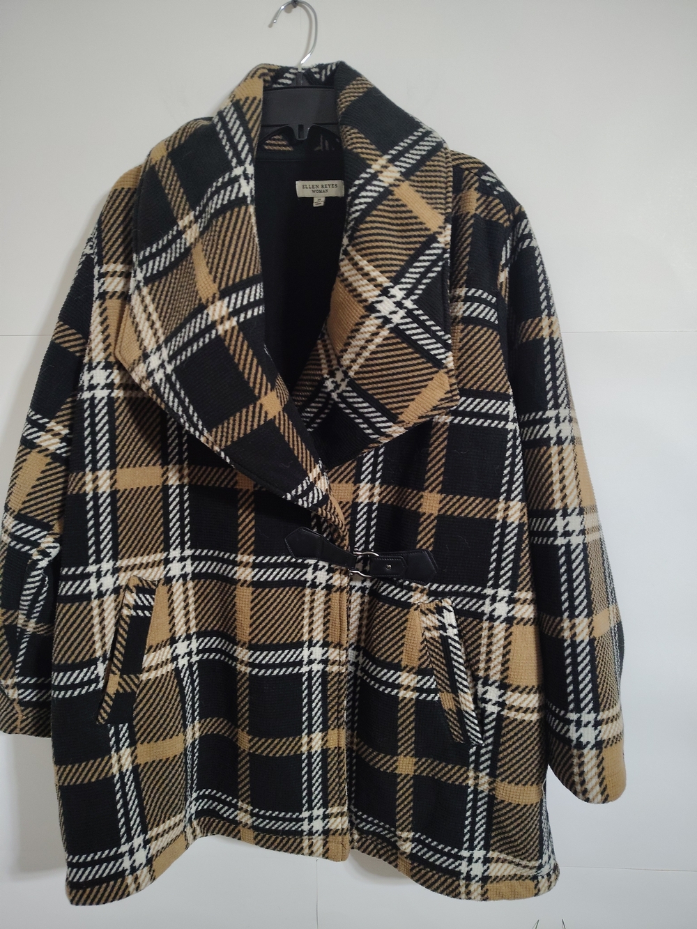 Ellen Tracy Black & Camel Plaid Wool-Blend Wrap Jacket